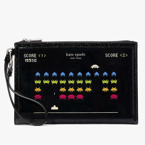 kate spade NWT $158 MSRP Space Invaders Glitter Patent Leather Wristlet - Picture 1 of 12